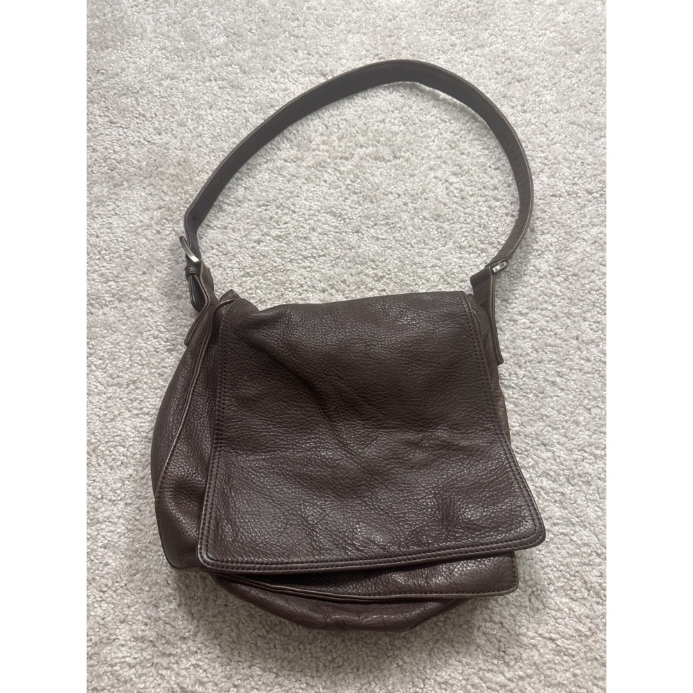 Vintage Brown Pebbled Leather Flap Shoulder Bag Minimalist Messenger Handbag